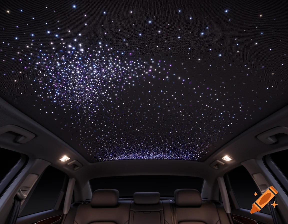 Photorealistic car interior with a dark headliner featuring dense clusters of white, blue, and violet fiber optic stars.