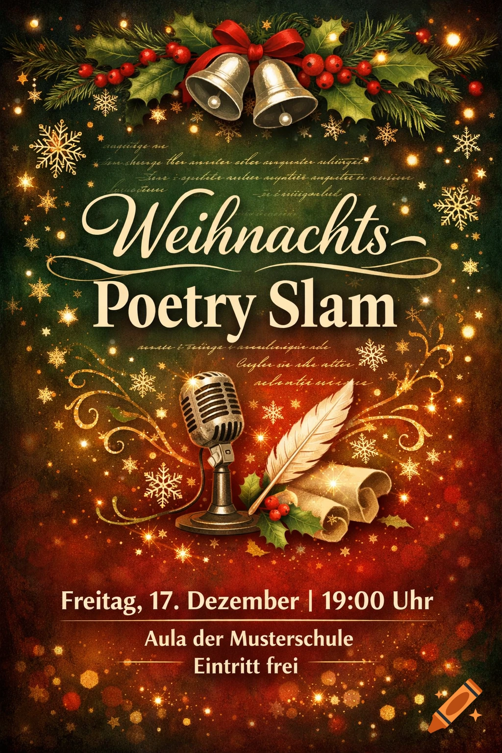 A festive Christmas Poetry Slam poster with green and red accents, holly, bells, snowflakes, a vintage microphone, a quill, and text details for an event.