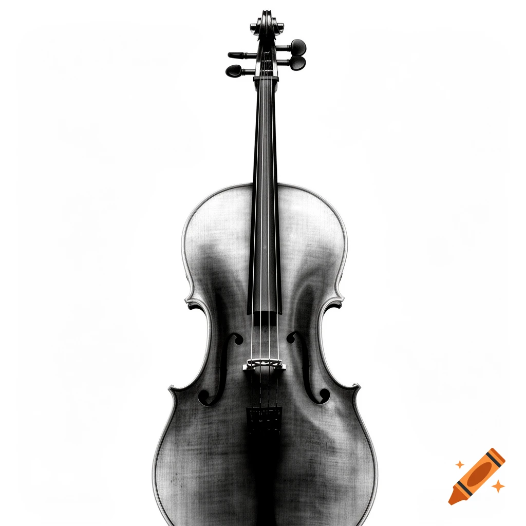 A black and white photograph of a cello standing upright on a white background.