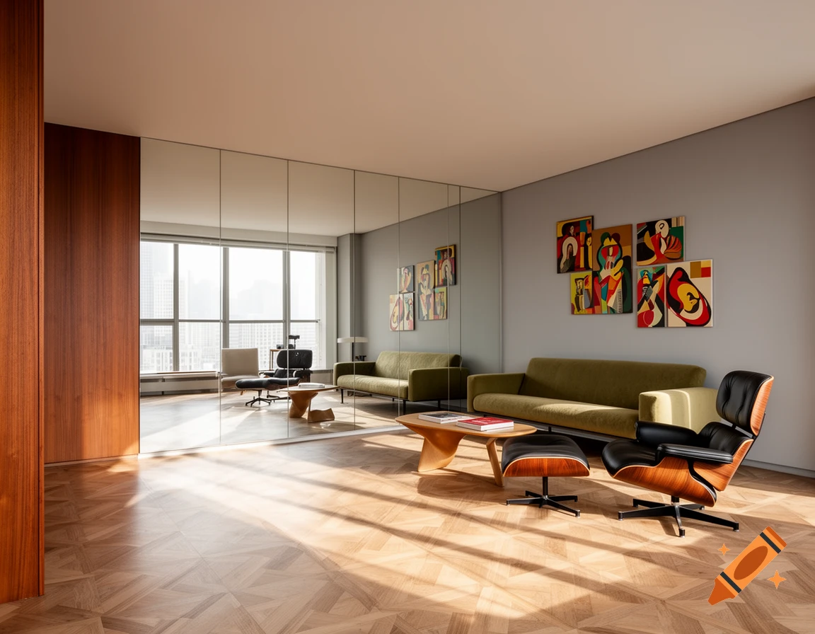 A mid-century modern living room with a green sofa, black leather chair, wooden coffee table, abstract art, and a large mirror wall reflecting a window.