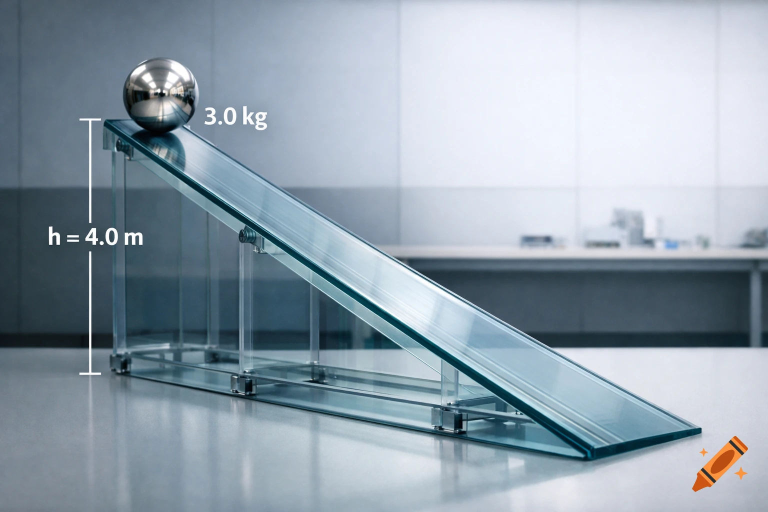 A shiny metal sphere rests at the top of a clear glass inclined plane in a lab, with labels showing '3.0 kg' and 'h = 4.0 m'.