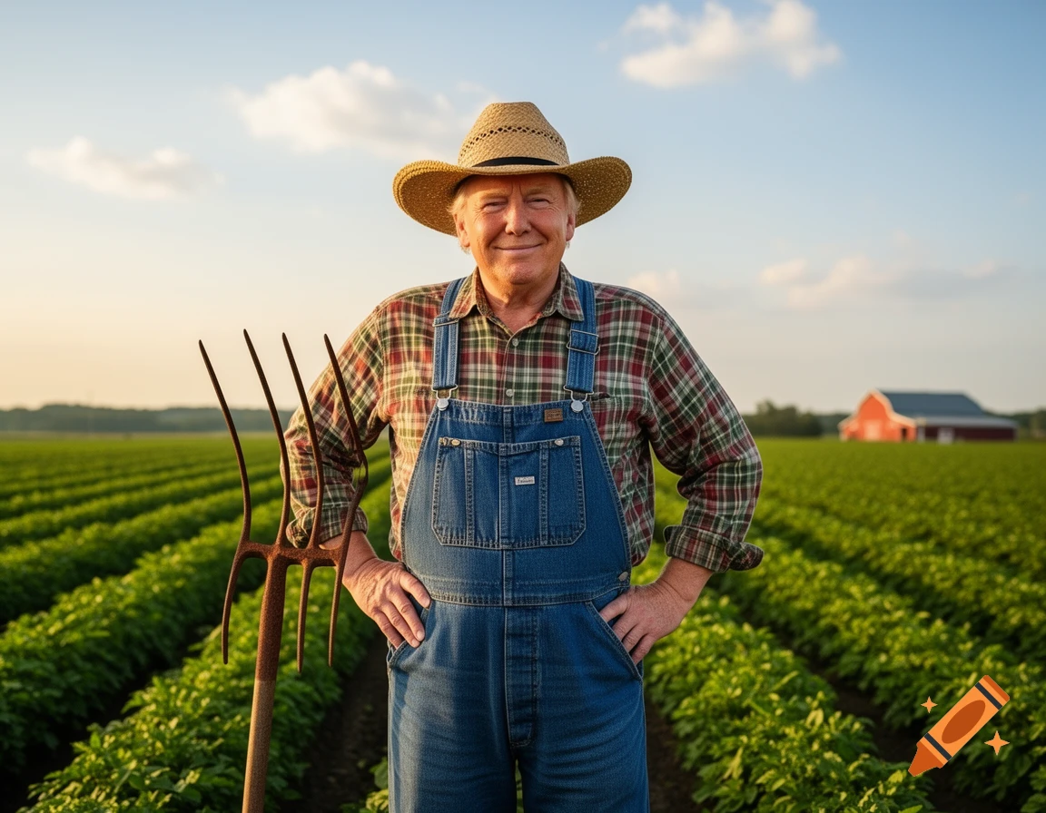Photorealistic portrait of Donald Trump in a straw hat and denim overalls, holding a pitchfork in a green field with a red barn.
