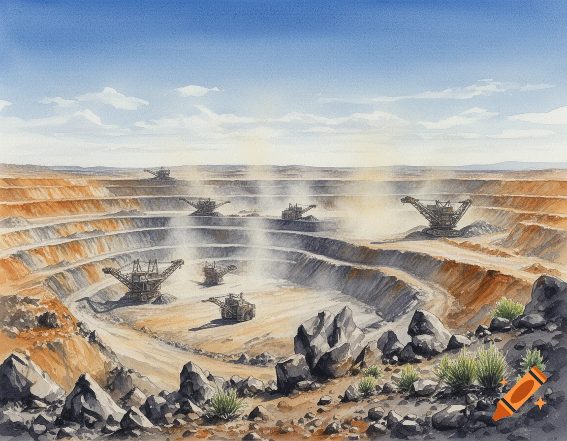 A watercolor painting depicts a vast open-pit mine with terraced rock formations and numerous large excavators.
