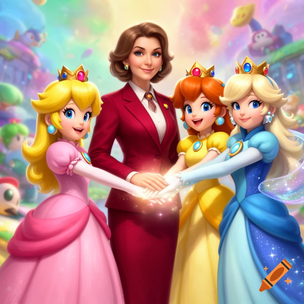 Mayor Pauline, Princess Peach, Daisy, and Rosalina from Super Mario stacking hands in a vibrant, stylized group portrait.