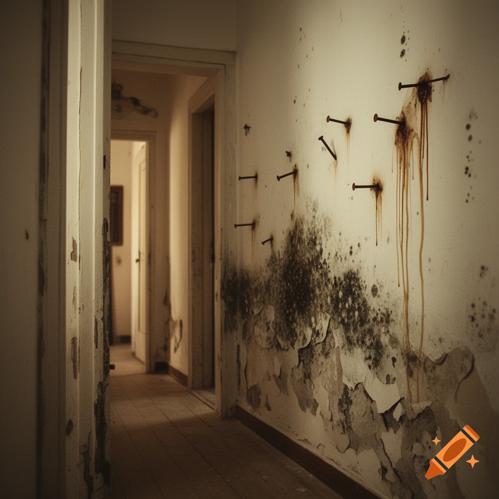 A dimly lit, dilapidated hallway with peeling paint, dark mold, and rusty nails streaking down the grimy walls.