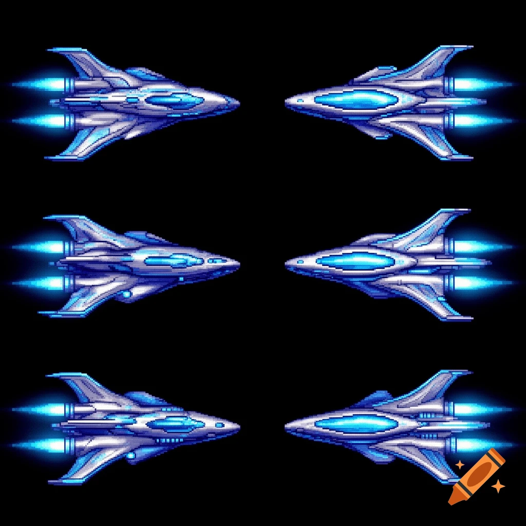 Six pixel art spaceships, each white and blue with glowing thrusters, displayed on a black background in a spritesheet.