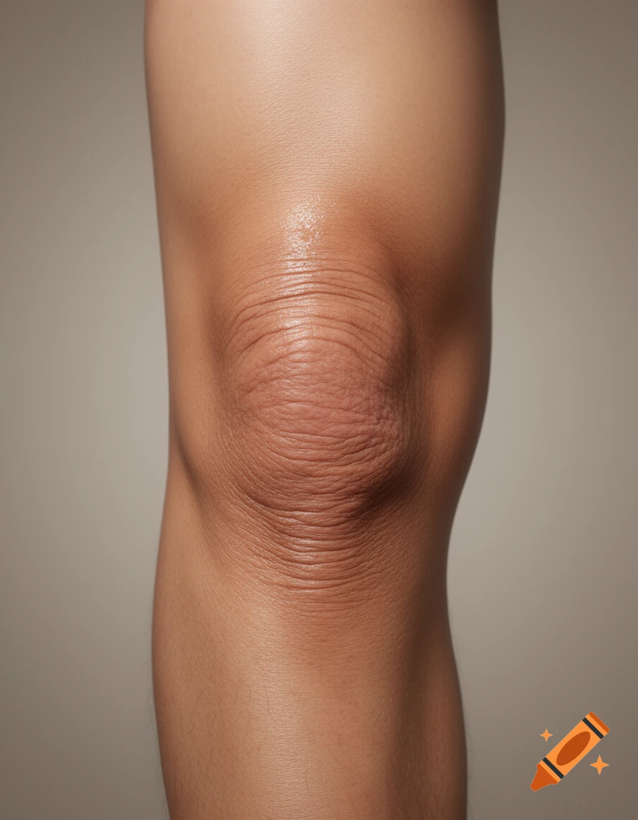 A close-up shot of a human knee, showing detailed skin texture and wrinkles, with a slight sheen on the kneecap.