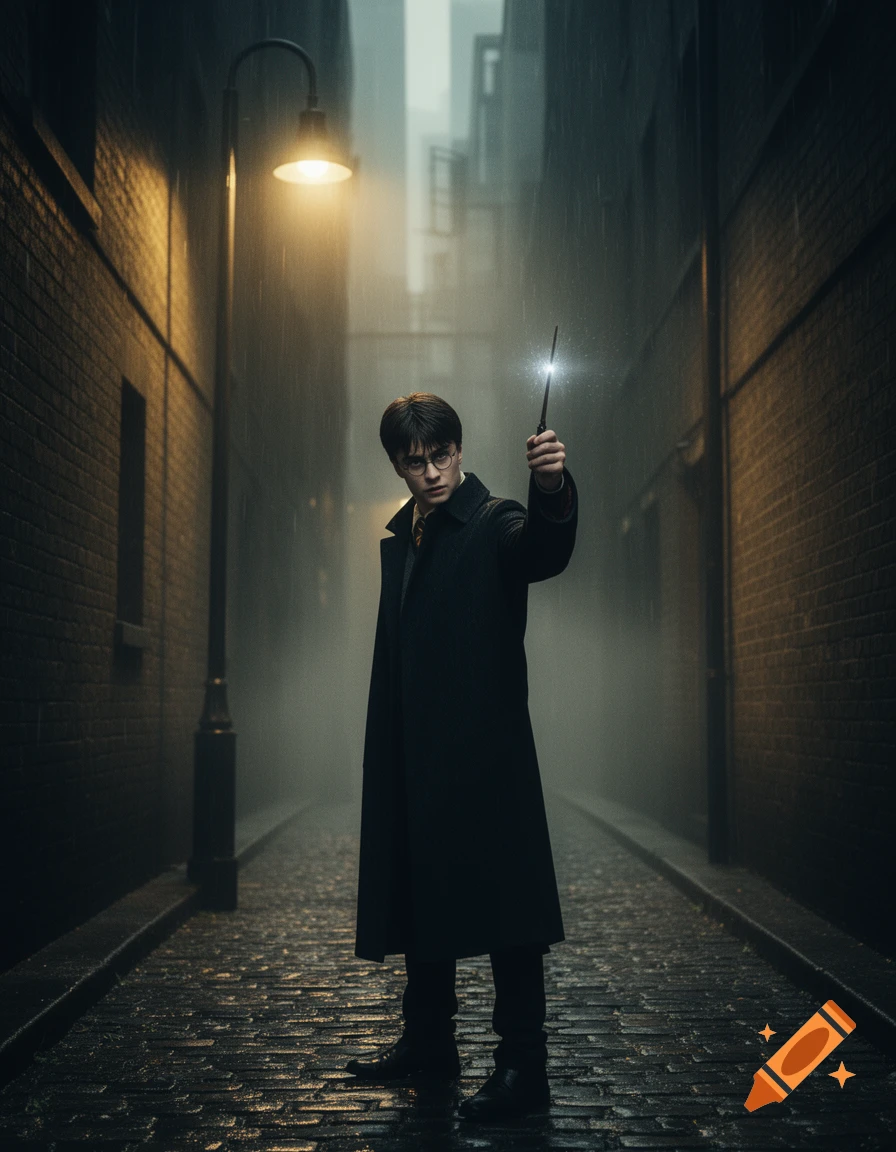 A young man resembling Harry Potter stands in a dark, rainy cobblestone alley, holding a glowing wizard wand aloft under a street lamp.