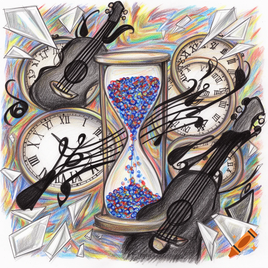 A vibrant crayon and marker drawing featuring an hourglass filled with colorful beads, surrounded by clocks, guitars, and shattered glass shards.