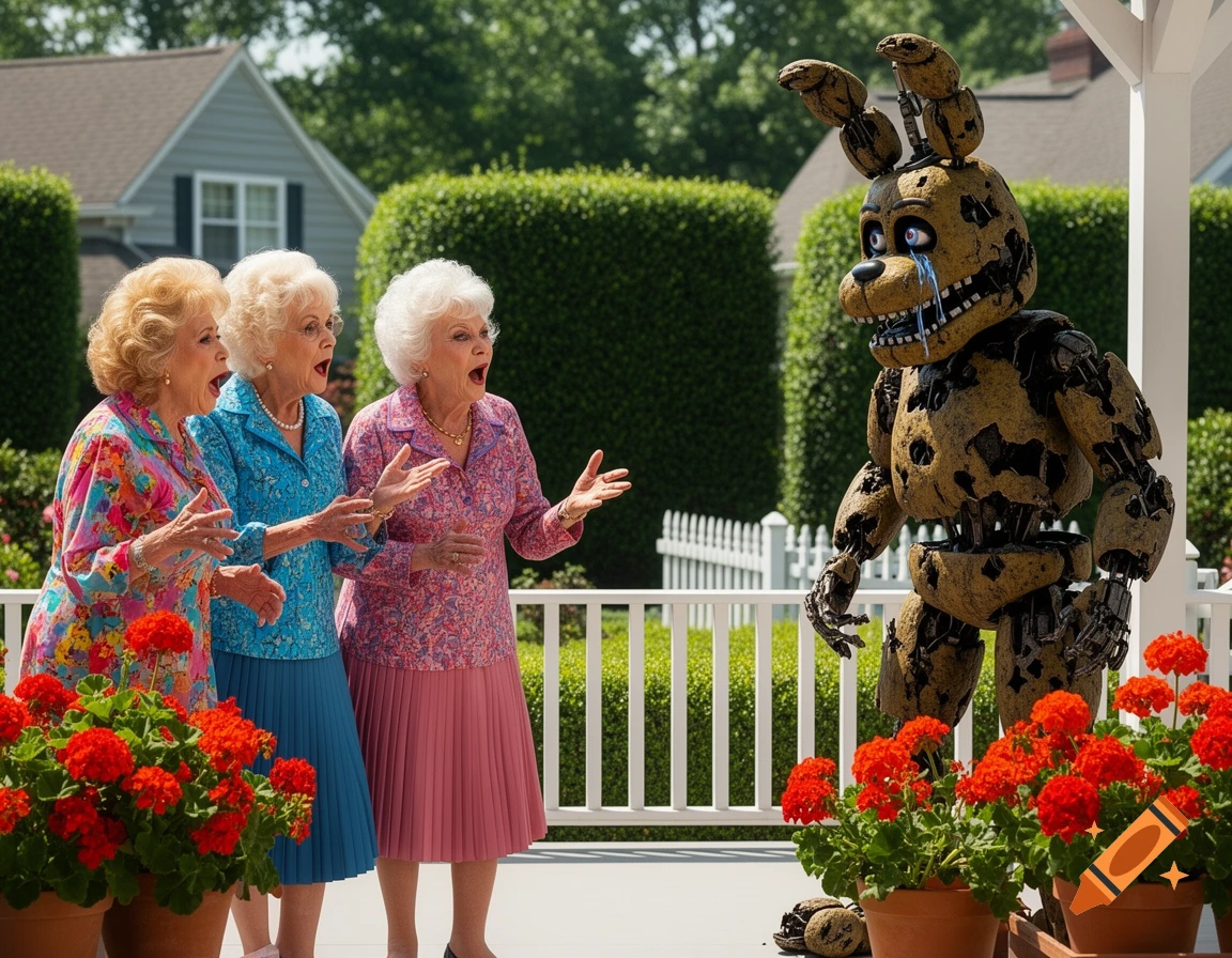 Three elderly women in colorful outfits yell at a crying, distressed Springtrap animatronic on a sunny patio with red flowers.