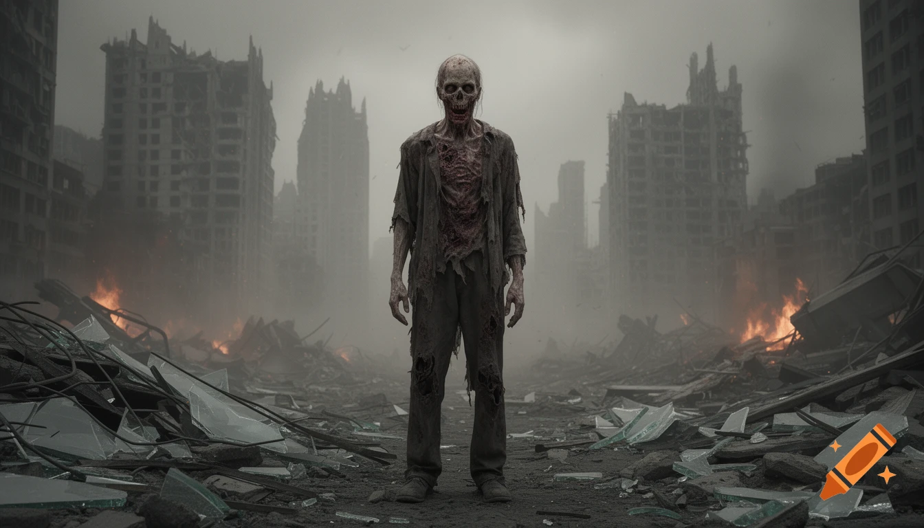 Photorealistic zombie with exposed flesh stands in a desolate, destroyed city with burning rubble under a gray sky.