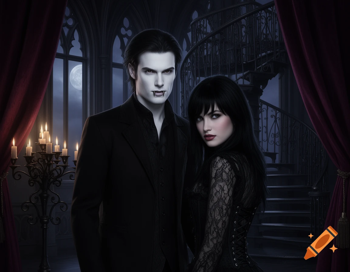 A pale male vampire with fangs and a female vampire in black lace stand in a gothic mansion with a full moon.