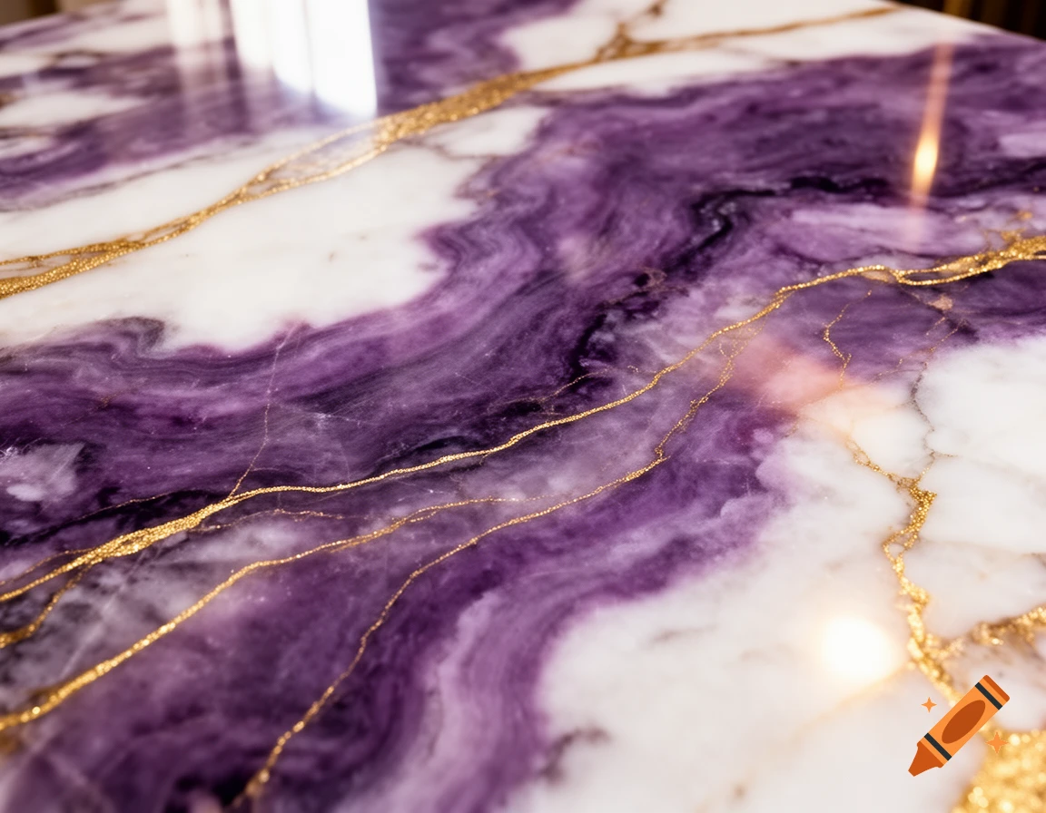 Close-up of royal purple and white marble with shimmering gold streaks.