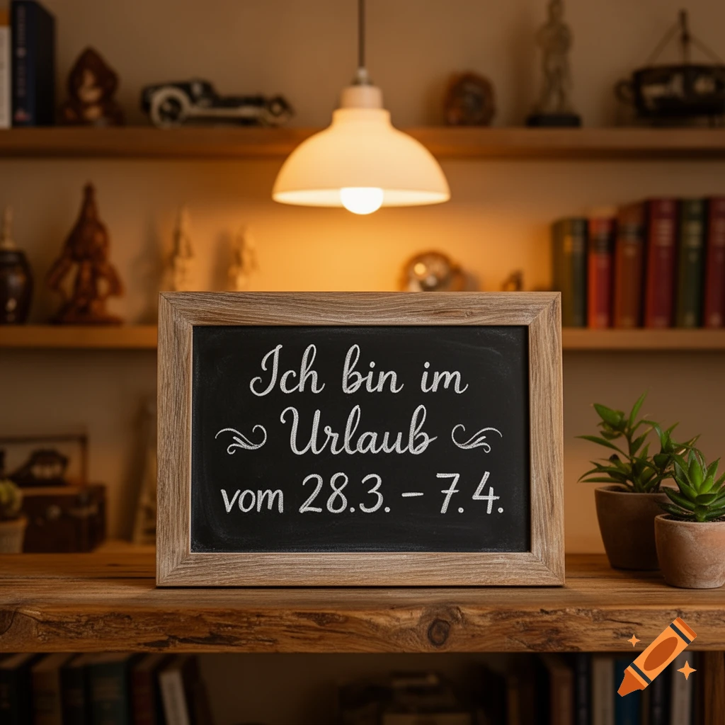 A wooden-framed chalkboard on a wooden shelf, displaying 'Ich bin im Urlaub vom 28.3. - 7.4.', with small potted plants and bookshelves in the background under a hanging lamp.