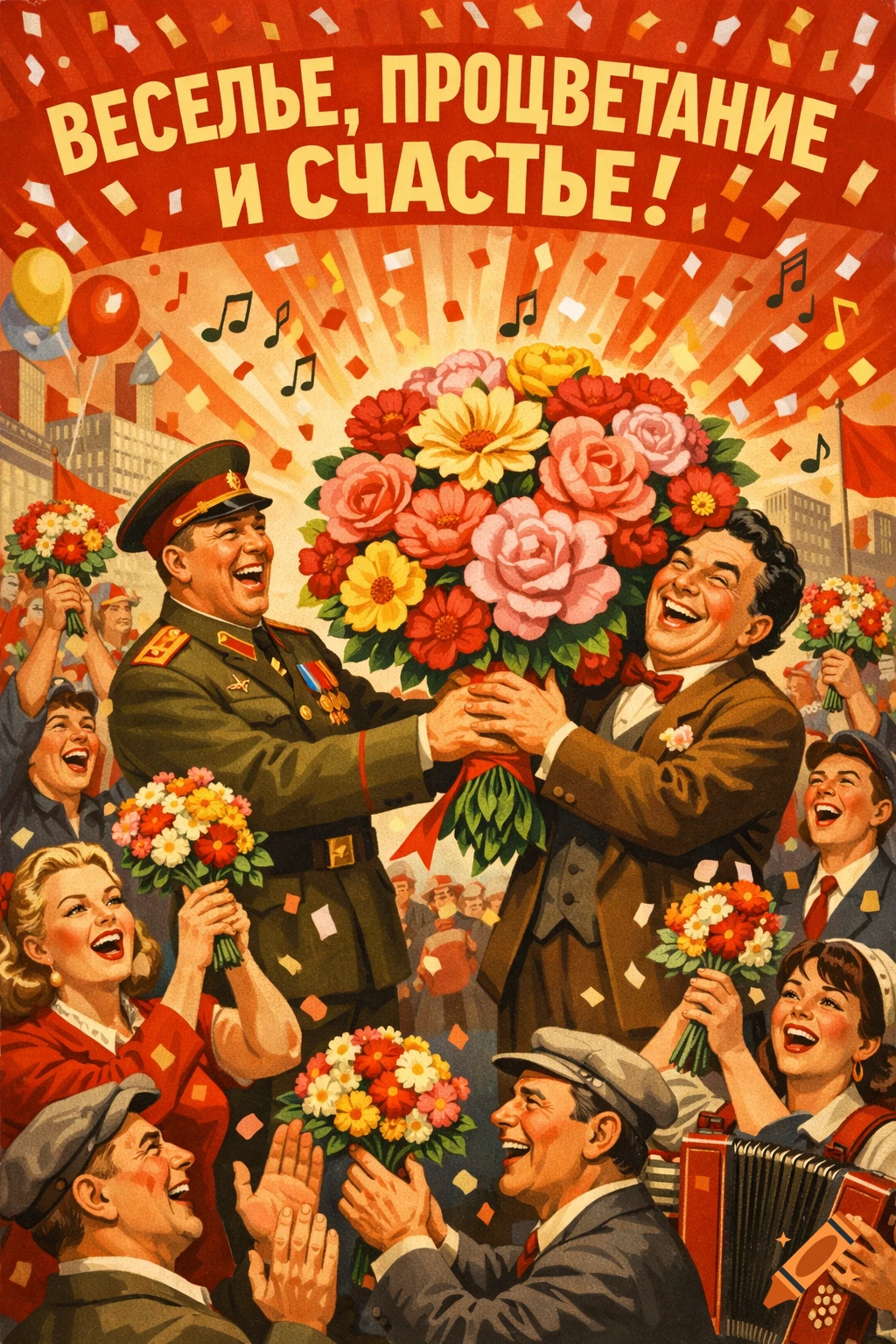A retro Soviet propaganda poster with a military officer and civilian exchanging flowers, surrounded by cheering people under a banner reading 'Fun, Prosperity, and Happiness!'.