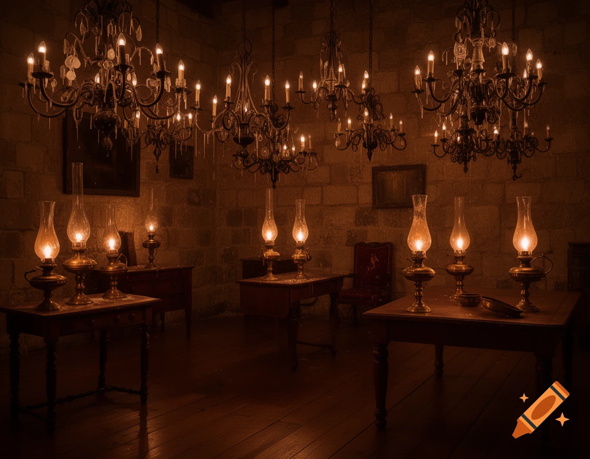 A dimly lit room with several ornate chandeliers and glowing oil lamps on dark wooden tables, evoking an 18th-century atmosphere.