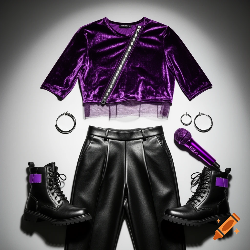 A flat lay of a purple velvet crop top, black leather pants, combat boots with purple accents, silver hoop earrings, and a purple metallic microphone.