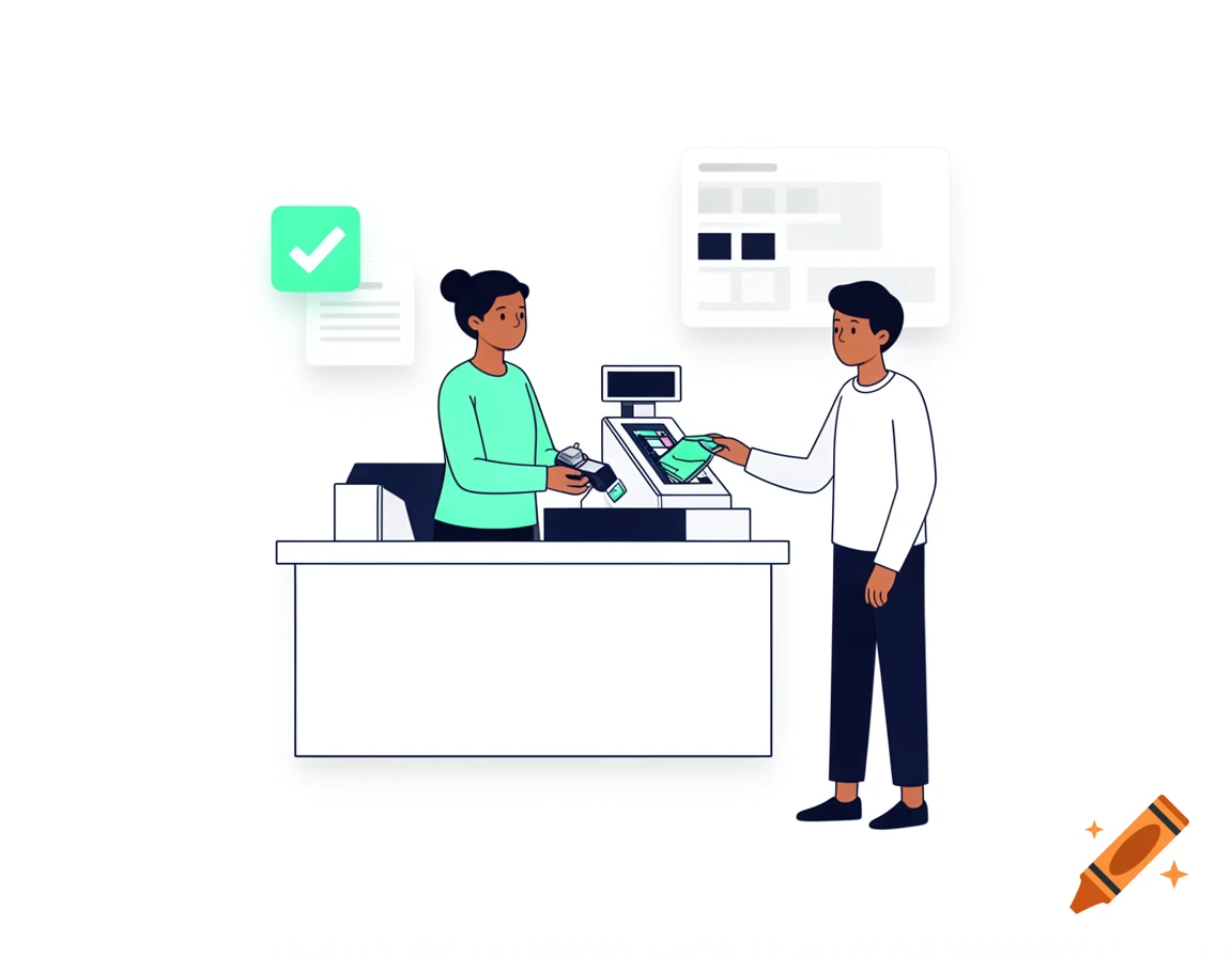 A clean digital illustration of a customer paying a cashier at a point-of-sale terminal.