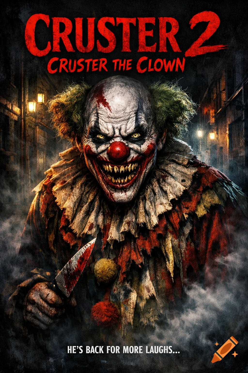 A horror movie poster for "Cruster 2: Cruster the Clown," featuring a terrifying clown with blood on its face, holding a bloody knife.