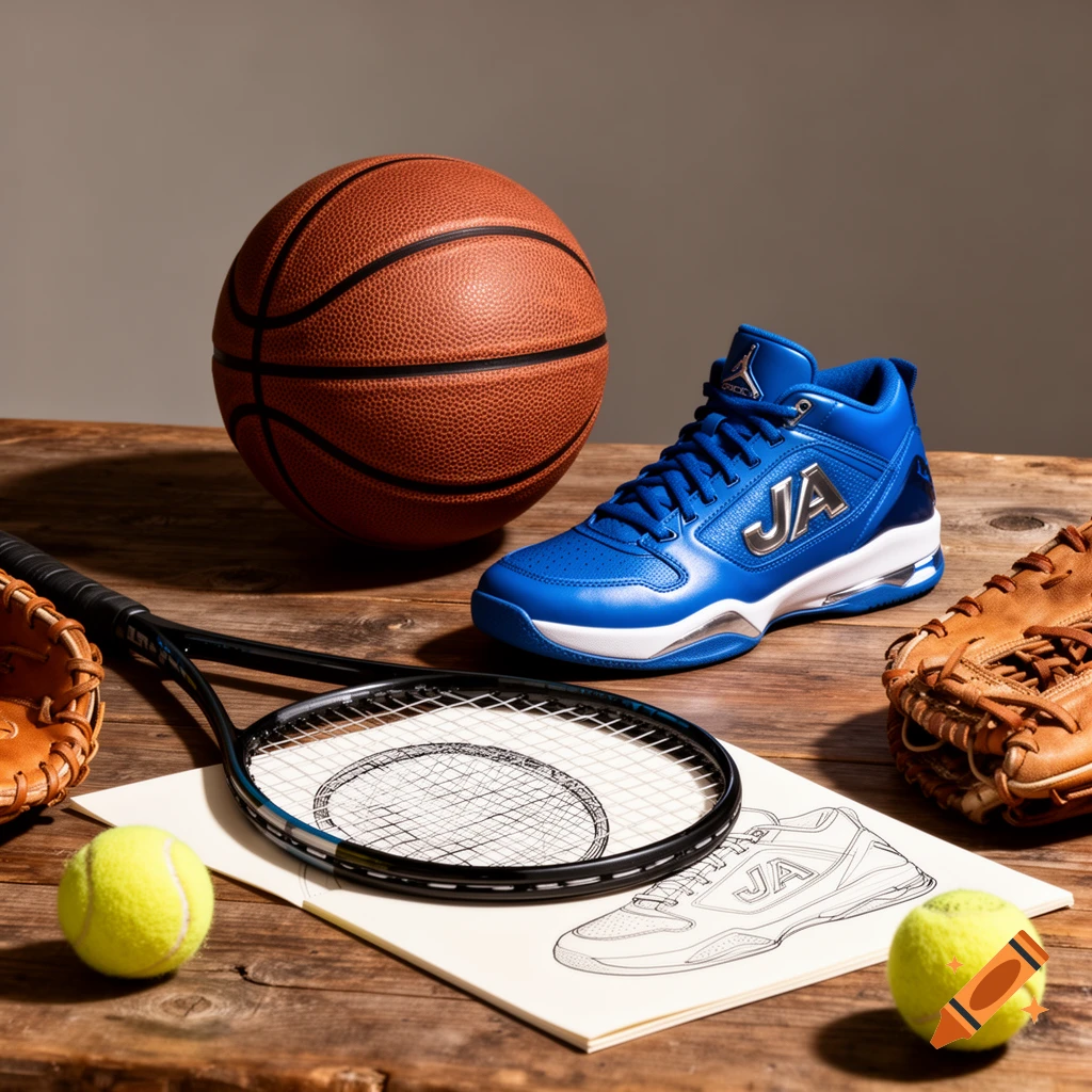 A still life arrangement of sports equipment on a wooden table, including a basketball, a blue basketball shoe with 'JA' logo, a tennis racket, two tennis balls, a baseball glove, and a shoe sketch on paper.