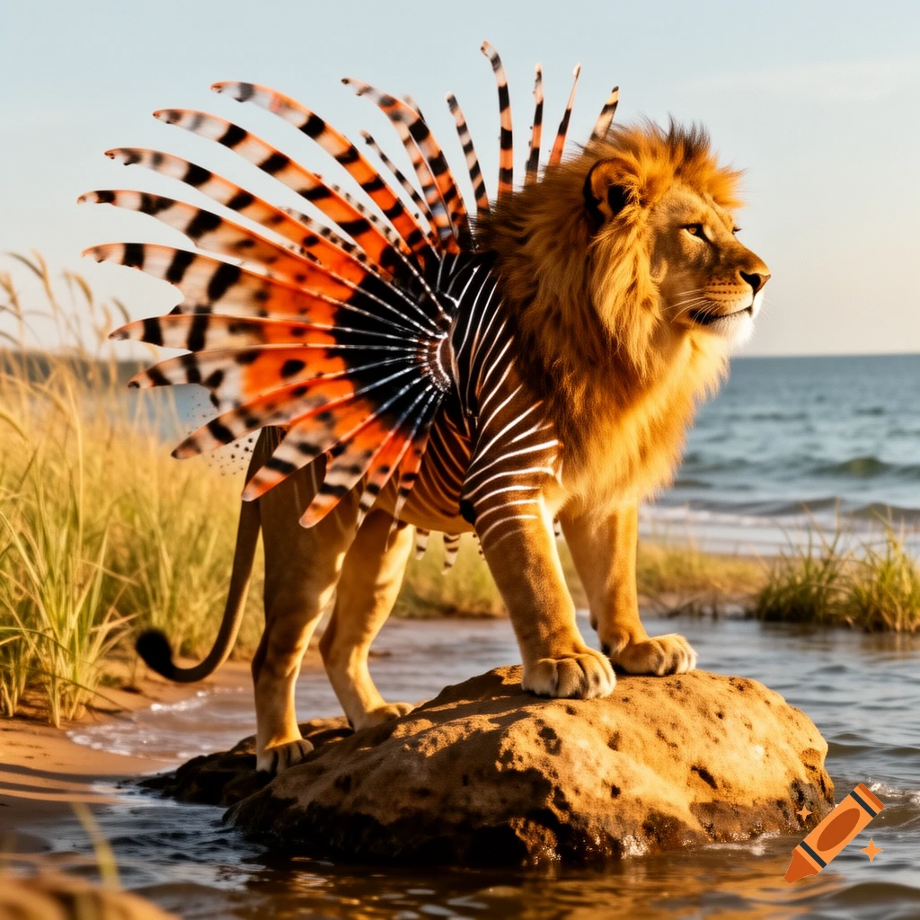 A majestic lion with lionfish fins on its back stands on a rock in shallow water near a grassy shoreline.