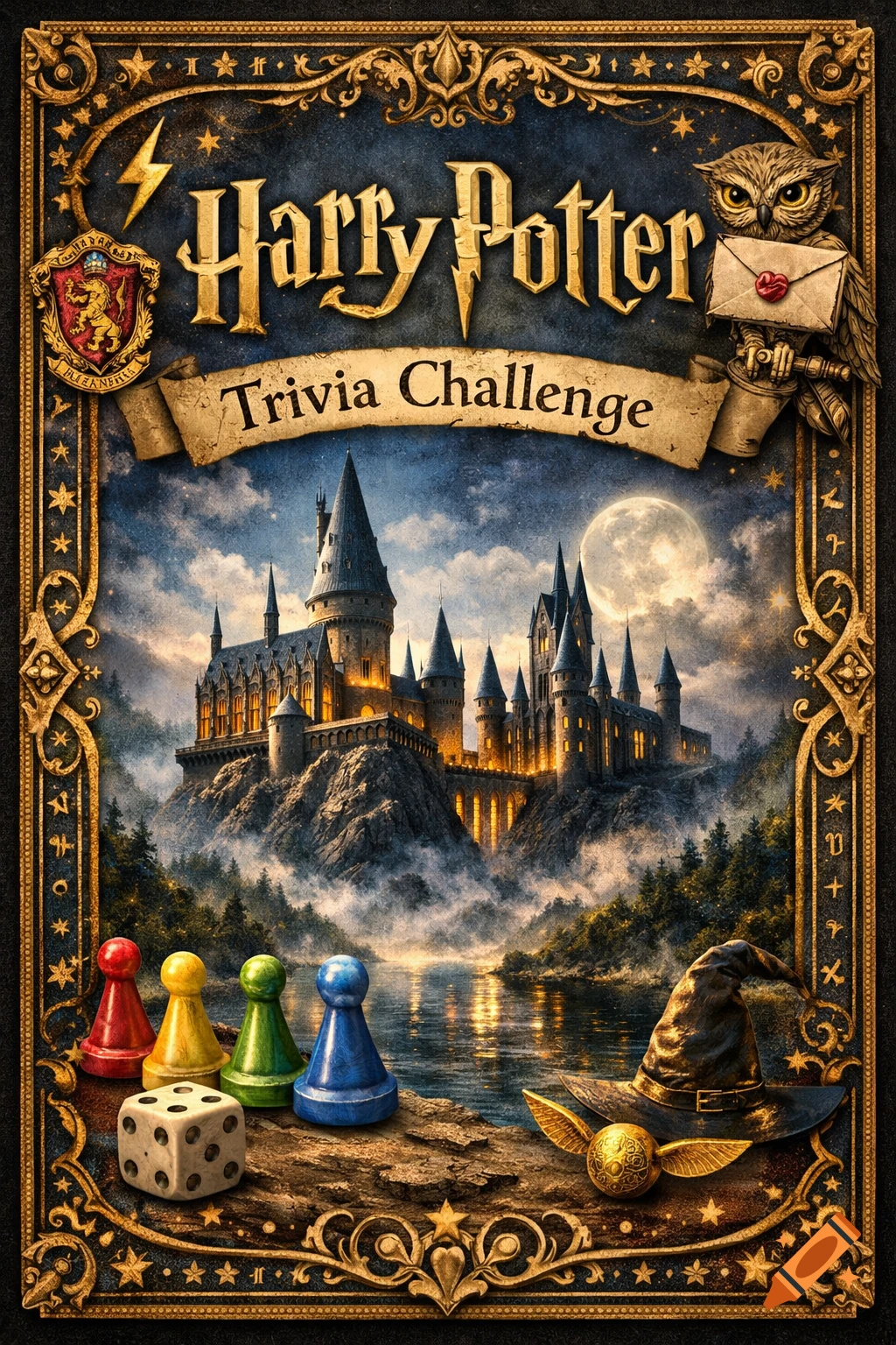 Detailed Harry Potter Trivia Challenge game cover featuring Hogwarts castle at night, game pawns, dice, wizard hat, and golden snitch.