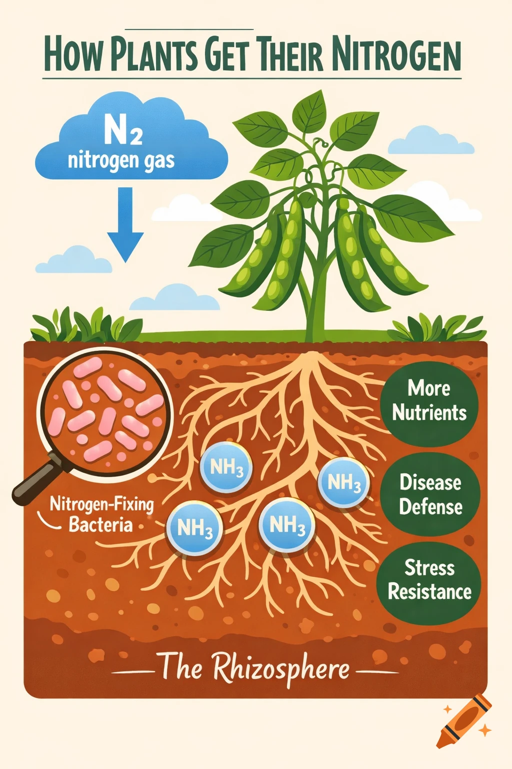 Educational infographic illustrating how plants get nitrogen from the air and soil via bacteria, showing a pea plant, roots, and benefits.