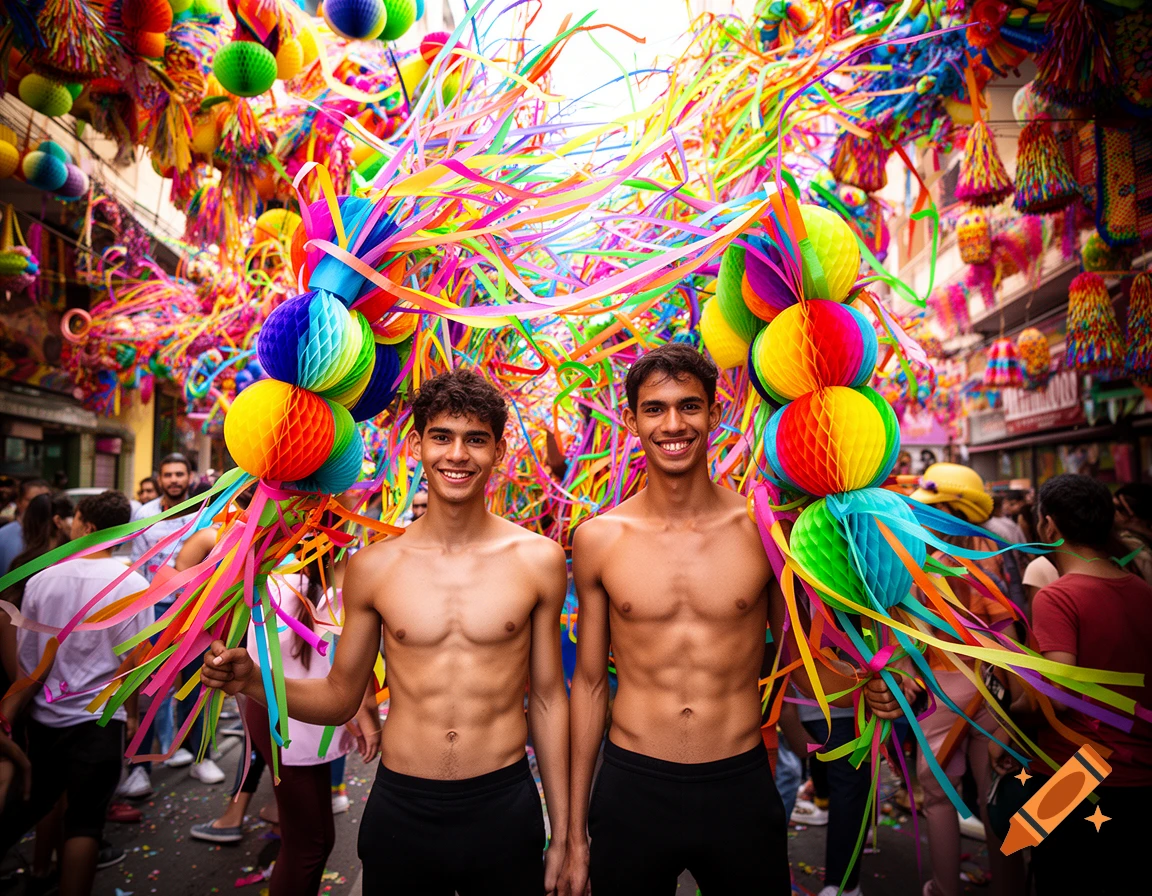 Two smiling shirtless men hold bouquets of colorful ribbons and honeycomb balls amidst vibrant carnival decorations on a street.