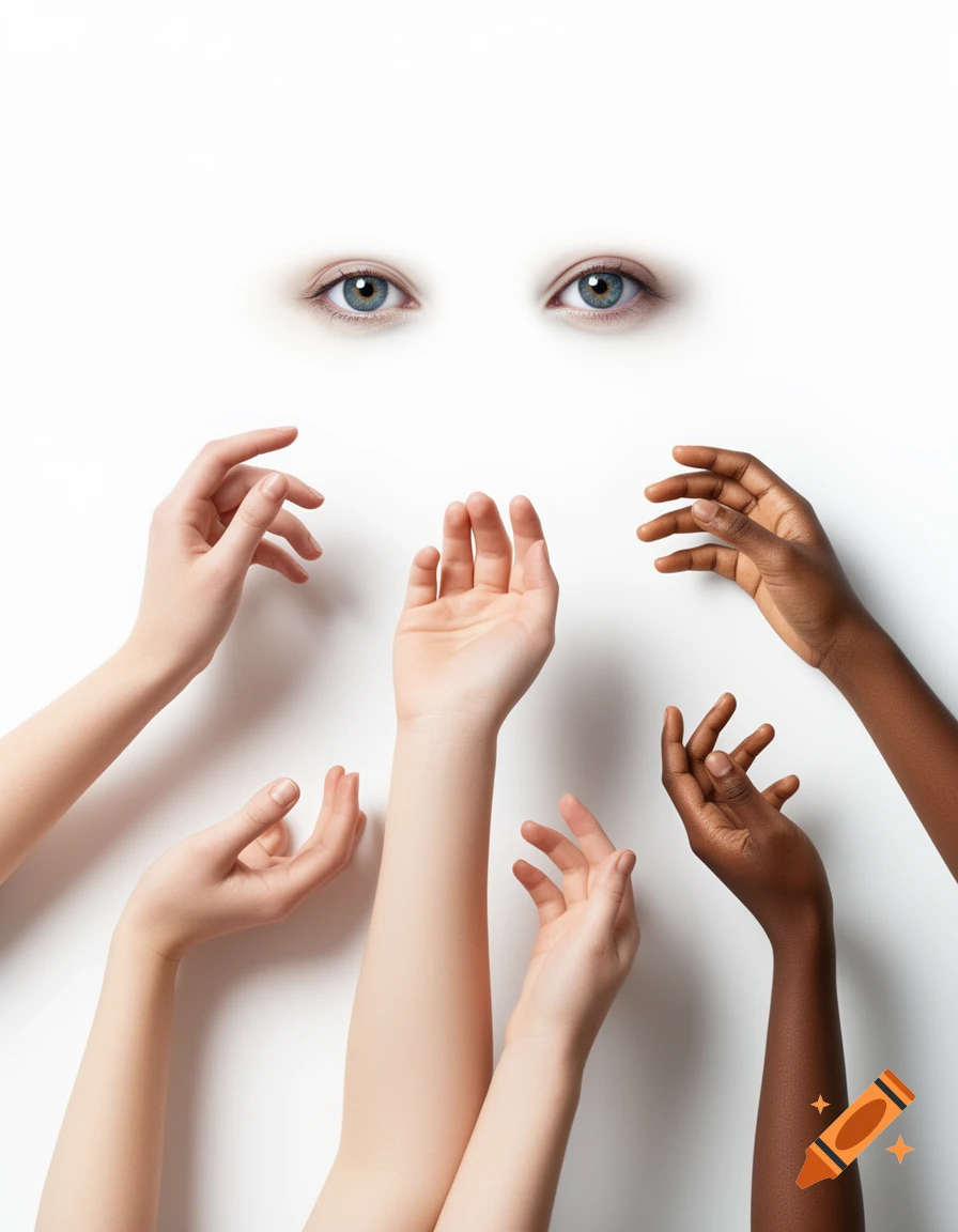 A pair of blue eyes above multiple hands with varying skin tones reaching on a minimalist white background.