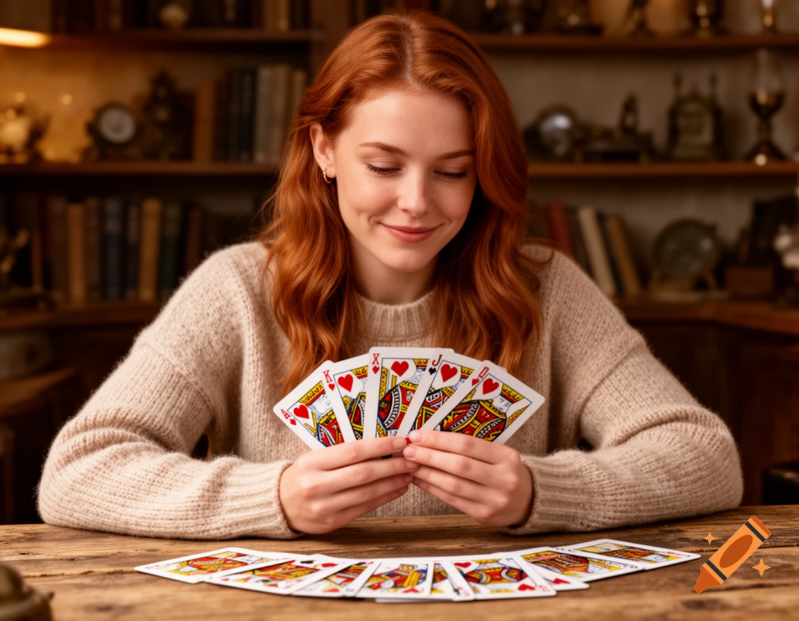 A smiling young woman with red hair plays cards, holding several in her hands and more fanned out on a wooden table.