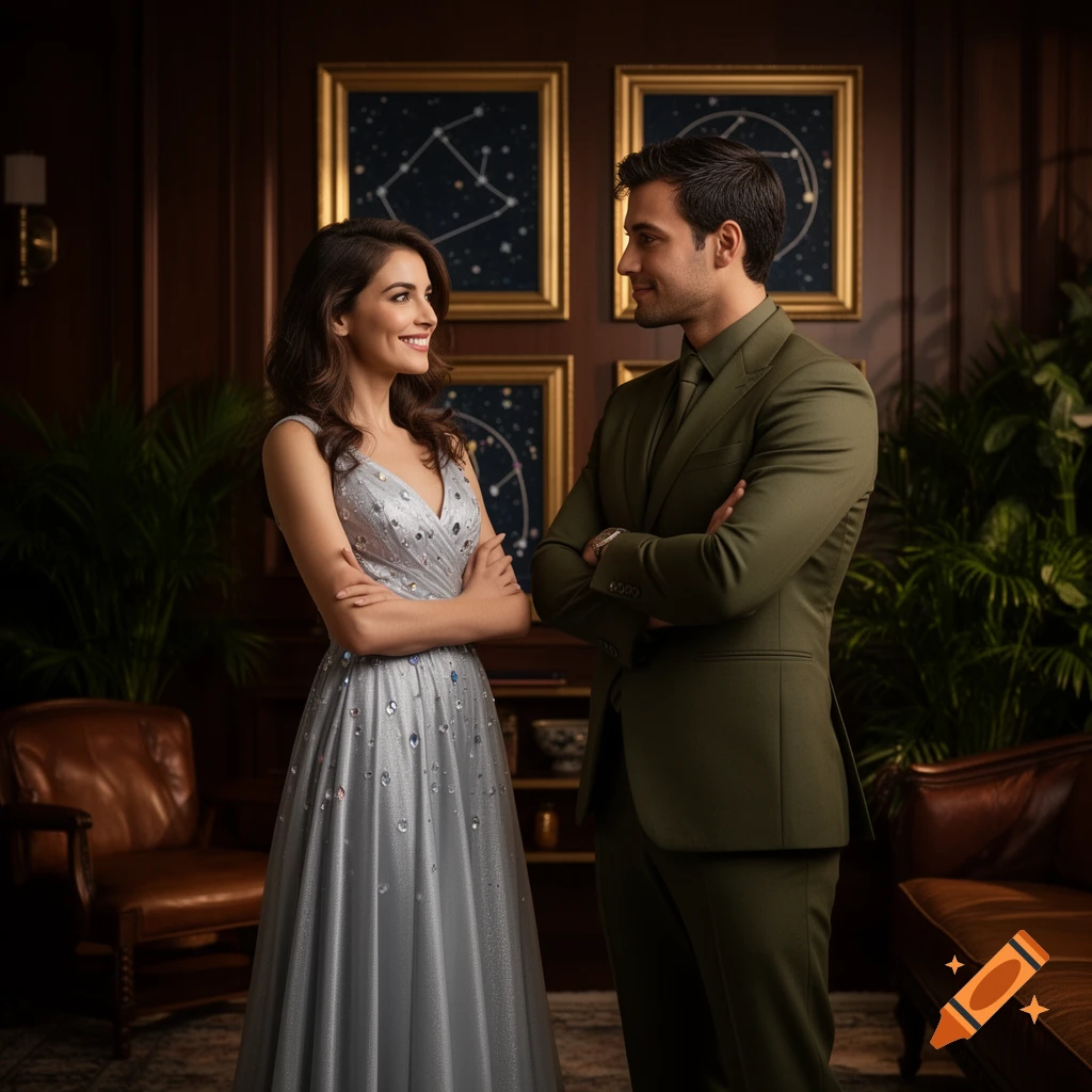 A man in an olive suit and a woman in a silver gown, standing across from each other and smiling in an elegant room.