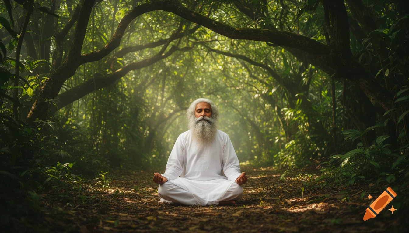A man with a long white beard meditating in a white robe on a sunlit forest path, surrounded by lush green trees.
