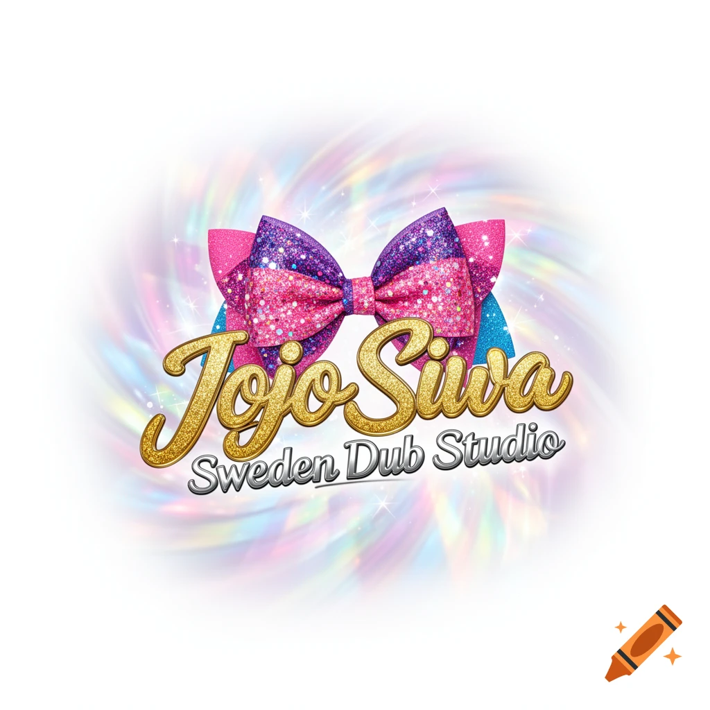A sparkly pink and purple bow logo with the golden text 'Jojo Siwa' and silver text 'Sweden Dub Studio' on an iridescent background.