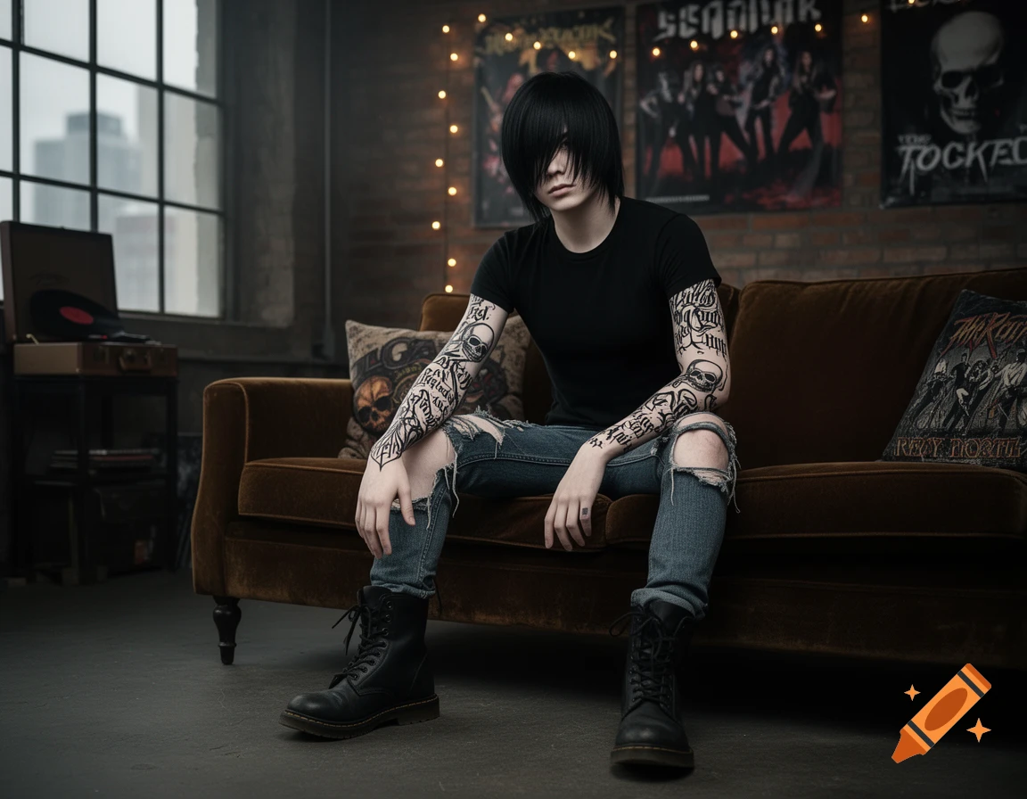 An emo person with black hair, tattoos, ripped jeans, and combat boots sits on a brown couch in a dimly lit room with band posters.