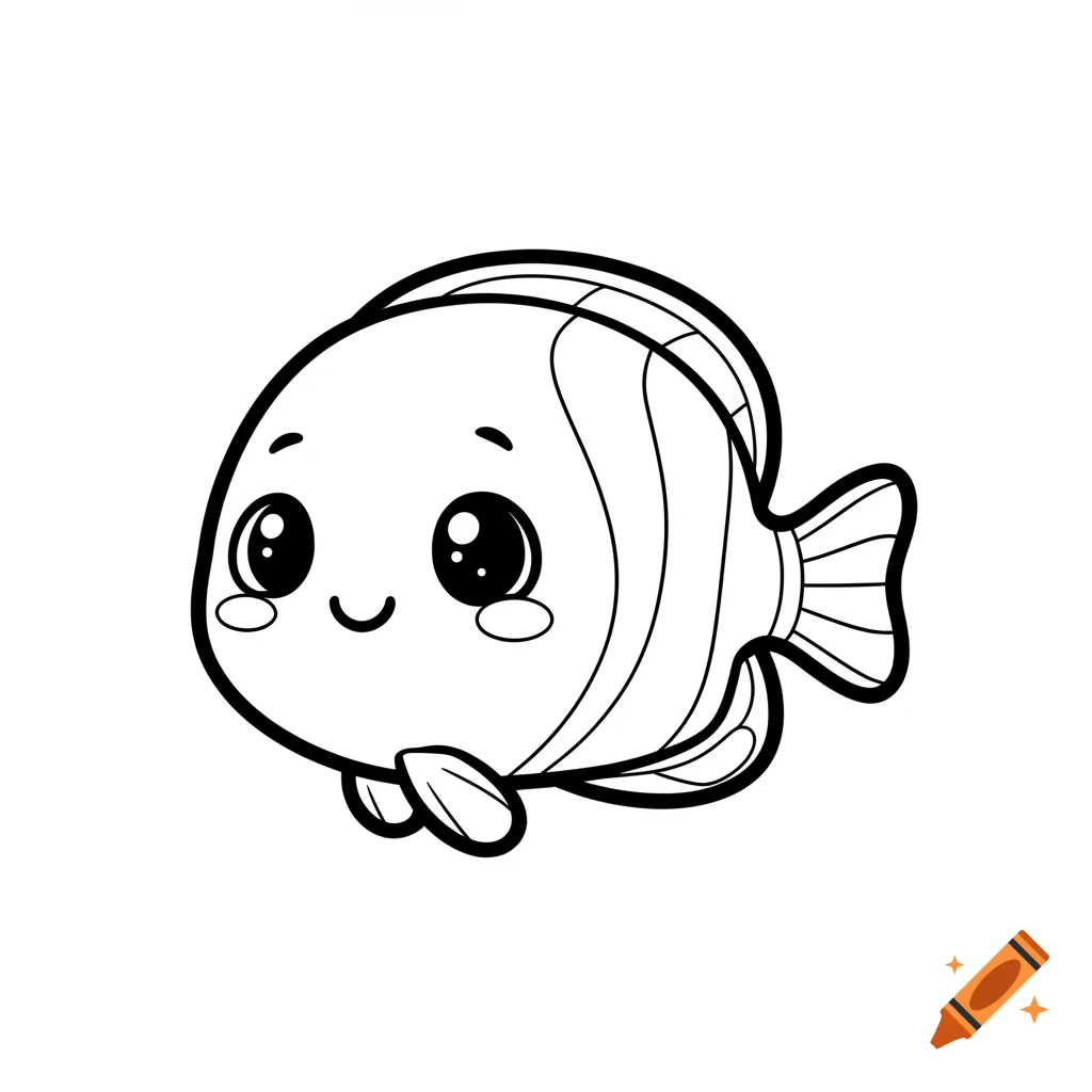 A cute kawaii style butterflyfish in black and white, thick outline coloring book art.
