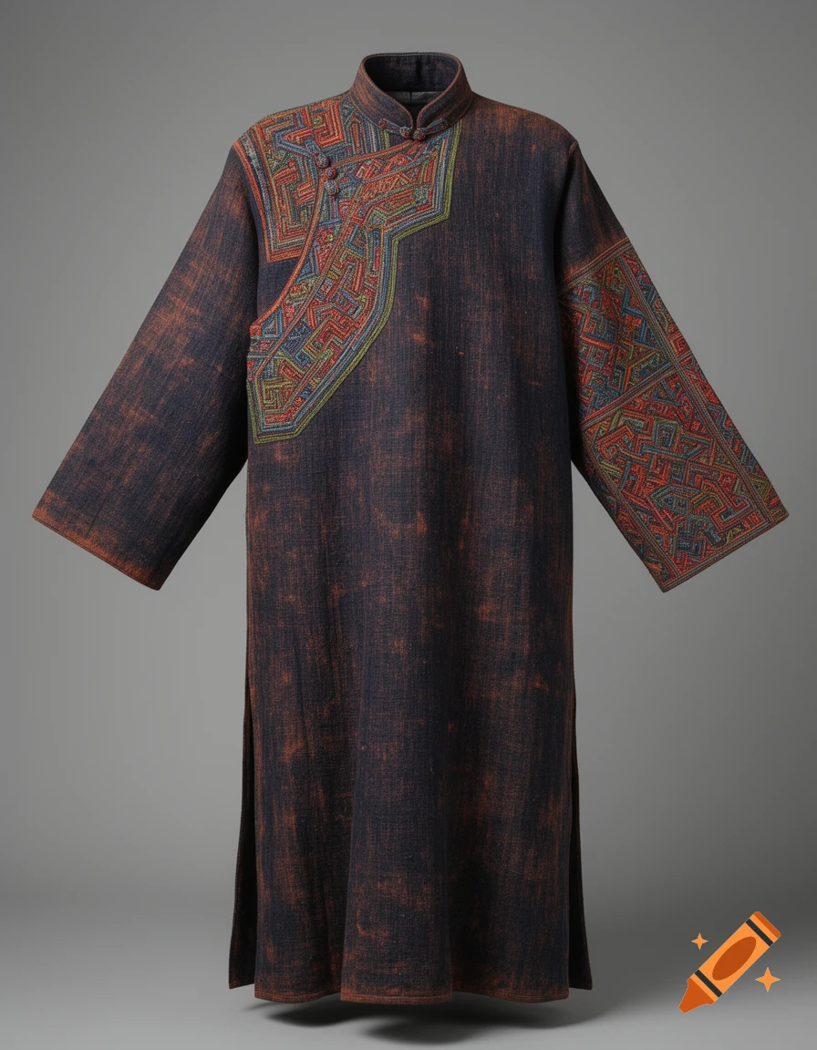 A dark, distressed traditional Chinese coat with colorful geometric Miao-style embroidery on the left lapel and right sleeve, photographed in a studio.