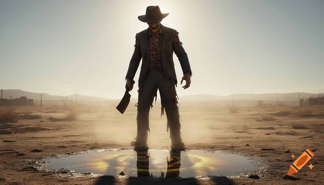 A photorealistic image of a ghoul in a tattered pinstriped suit and wide-brimmed hat, holding a cleaver in a dusty wasteland with a glowing puddle.