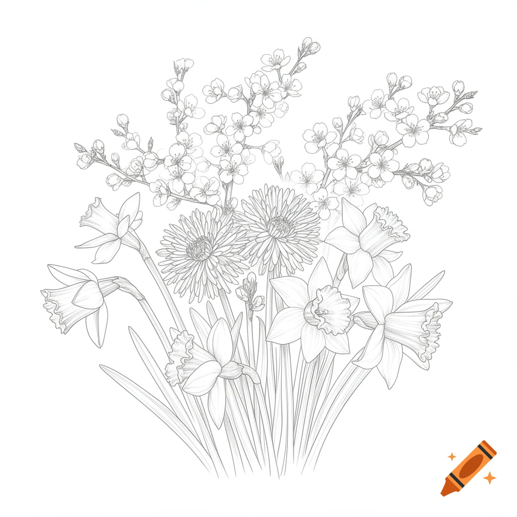 Line drawing of a bouquet featuring cherry blossoms, daffodils, and other spring flowers on a white background.
