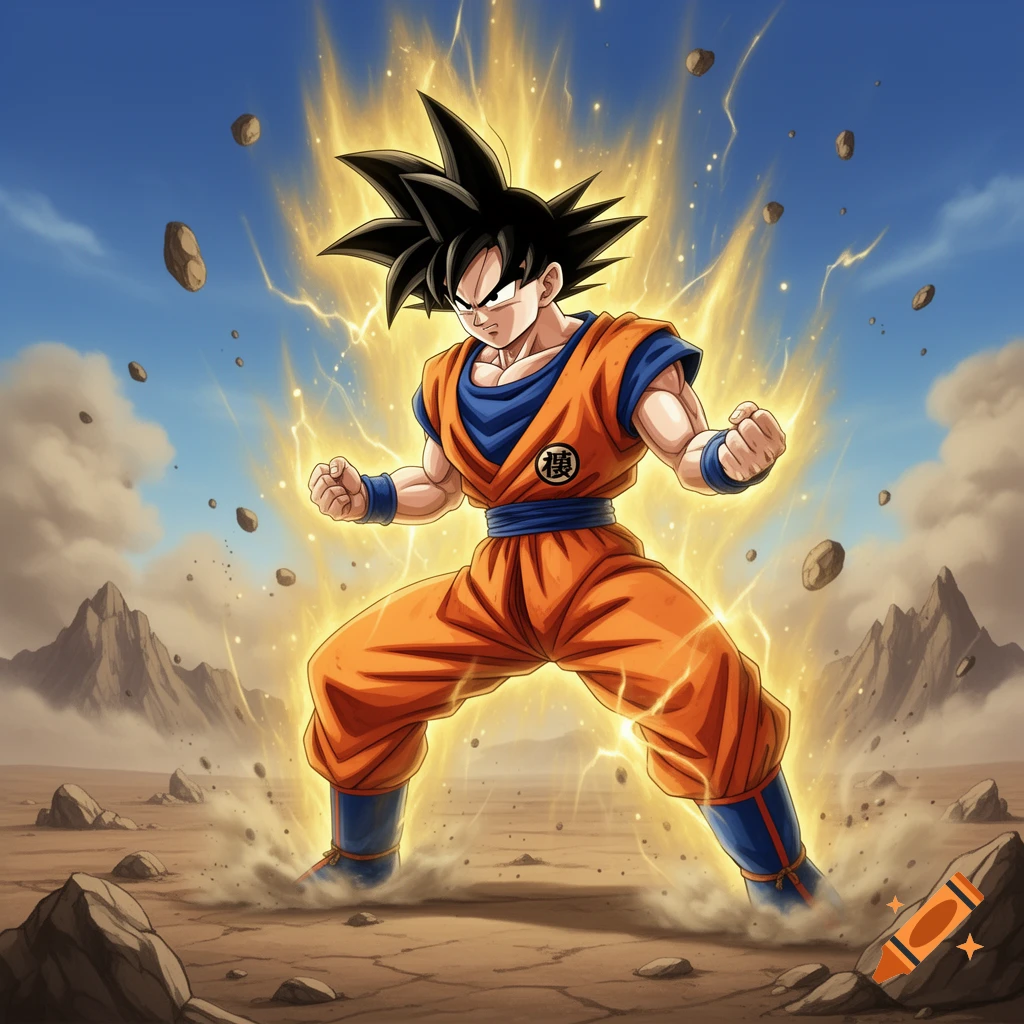 Goku powers up, engulfed in golden energy, amidst a rocky, dusty landscape under a blue sky, in an anime art style.