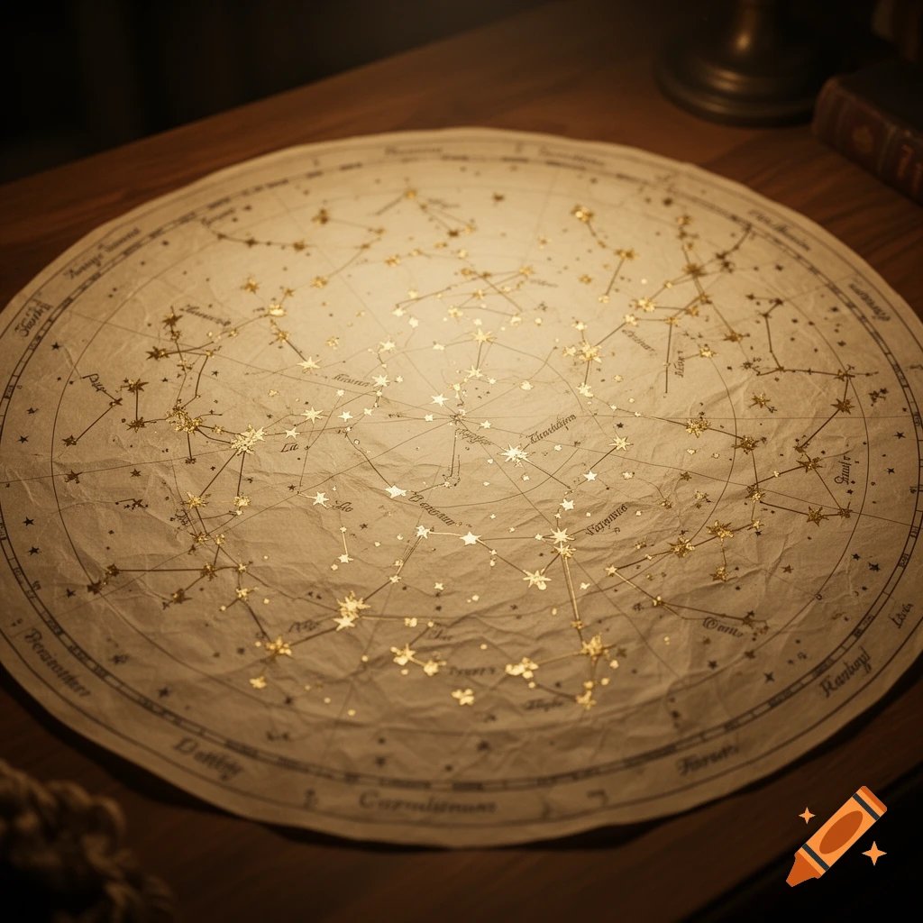 A vintage-style round star map with golden constellations on crinkled paper, displayed on a wooden table.