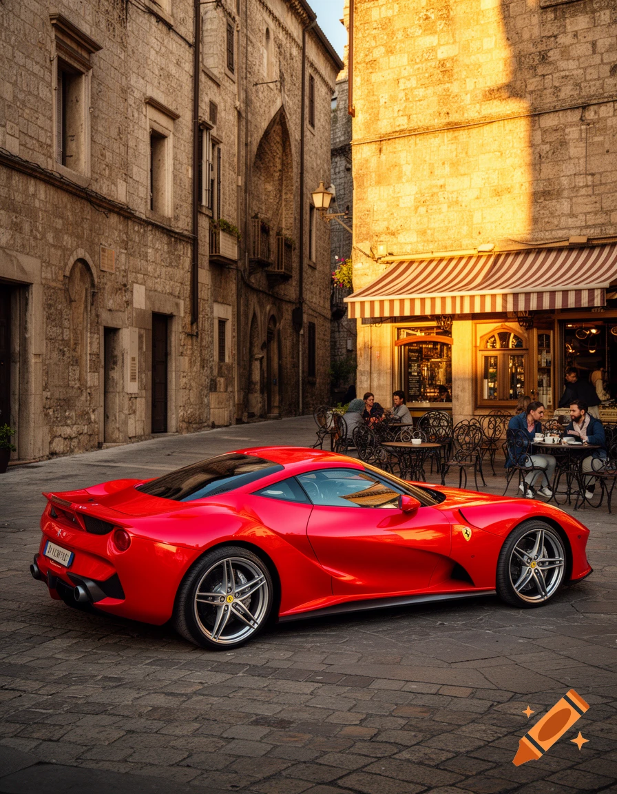 A sleek red Ferrari sports car parked on a cobblestone street in a historic European city, with a cafe and people dining in the background.