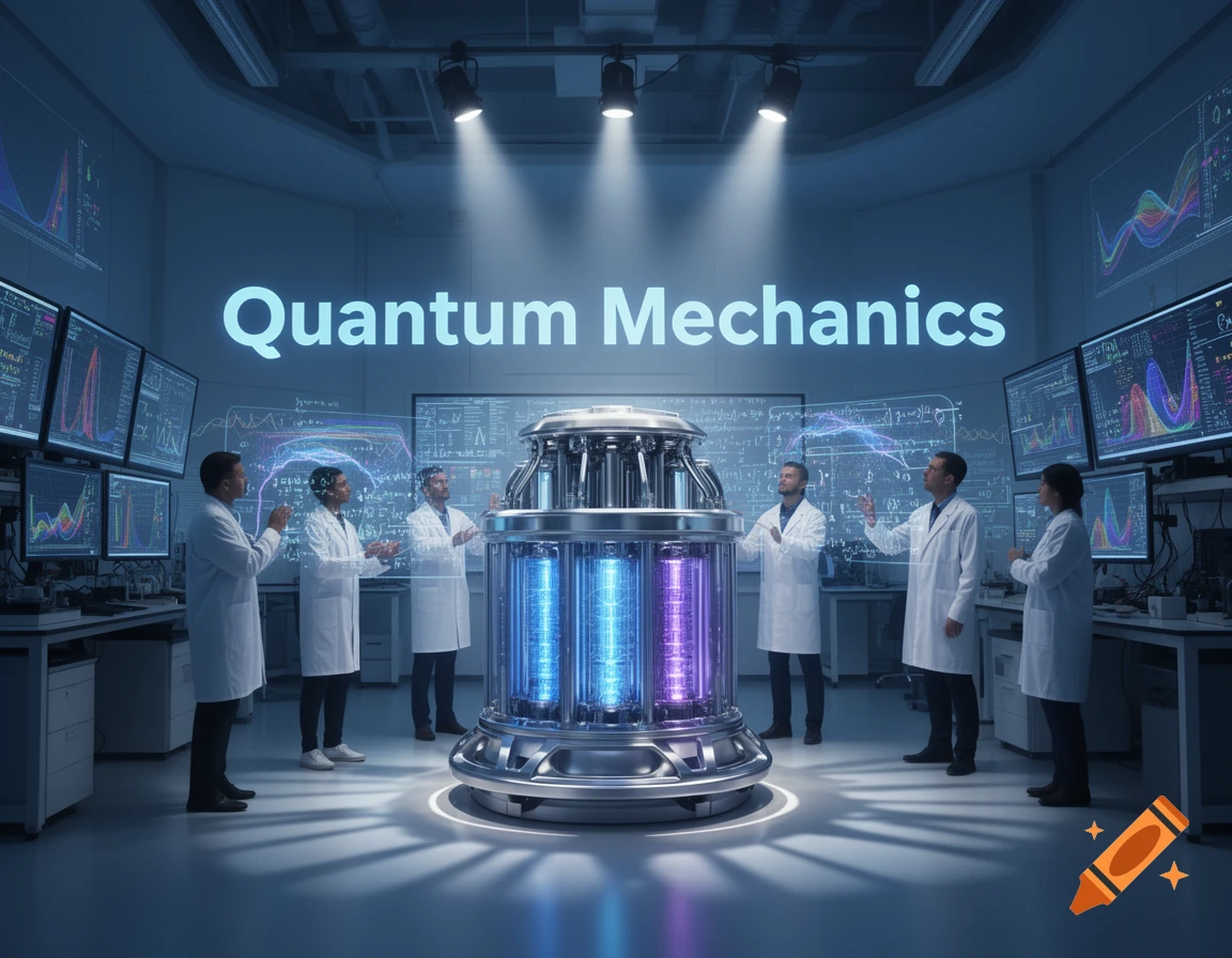 Scientists in a futuristic lab examine a glowing quantum mechanics ...