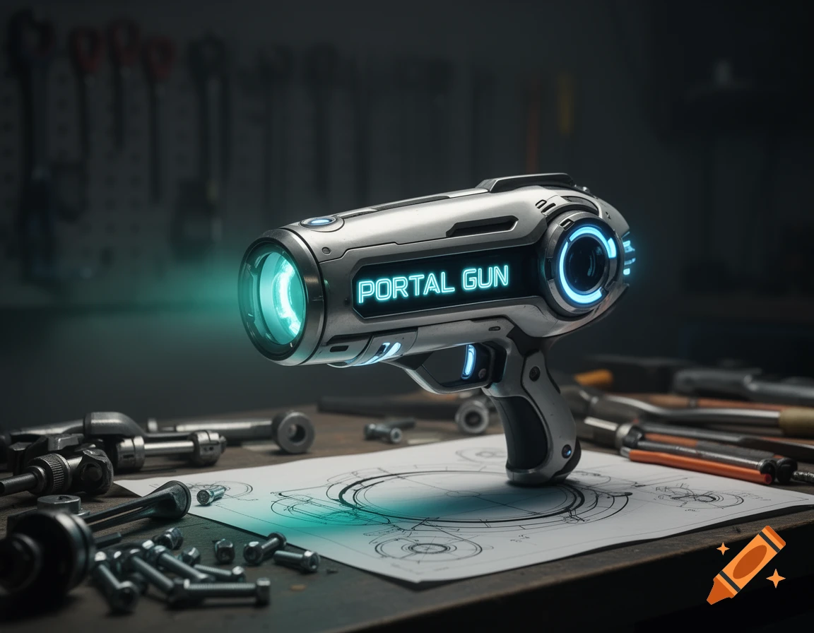 A futuristic portal gun with glowing teal elements sits on a workbench with tools and blueprints.