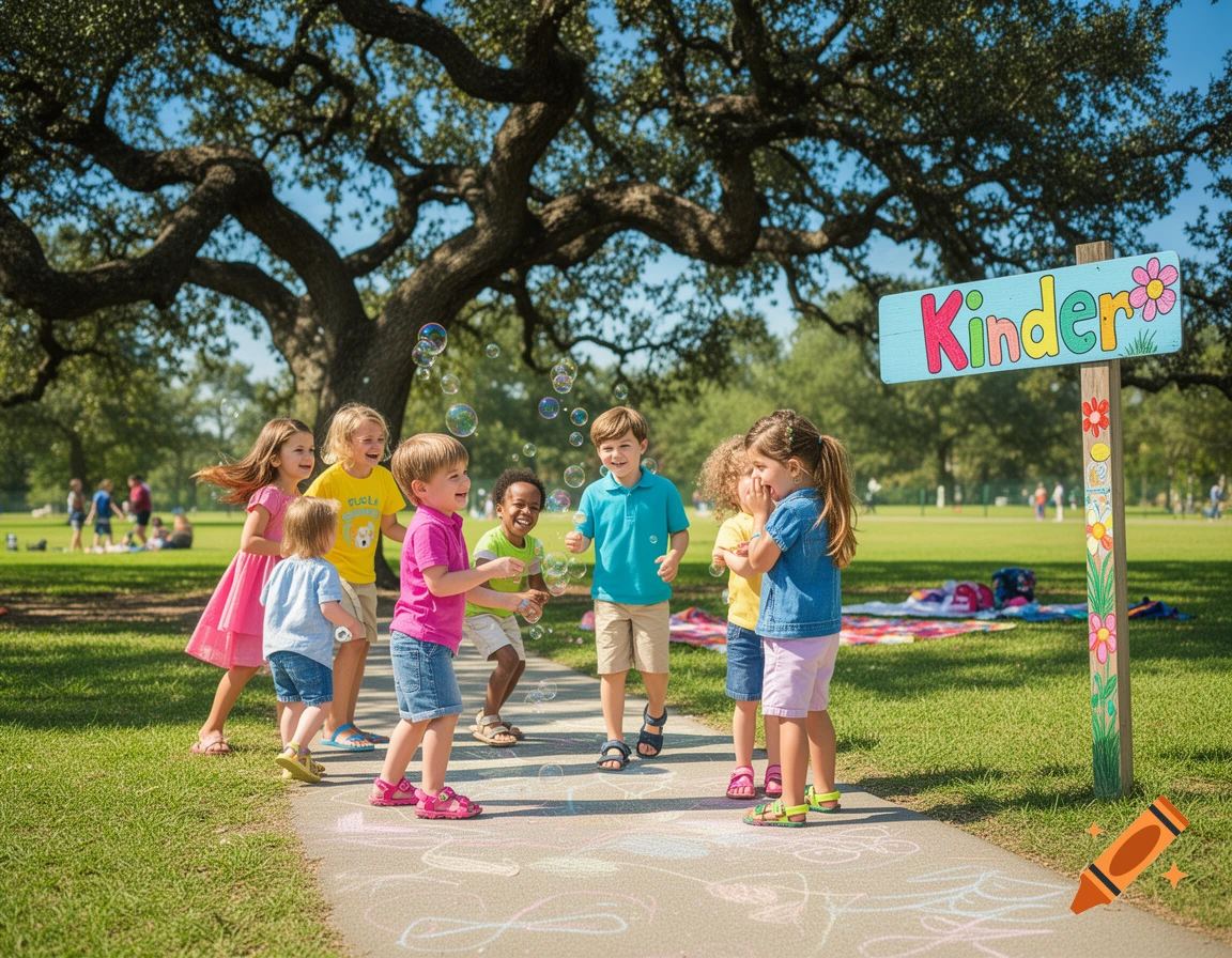 Diverse children play with bubbles on a sunny path in a park, next to a colorful sign that reads 'Kinder'.
