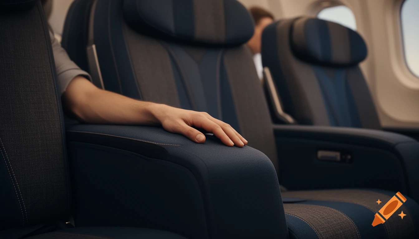 A person's arm rests on a blue and gray airplane seat armrest, with blurred cabin in the background, photorealistic style.