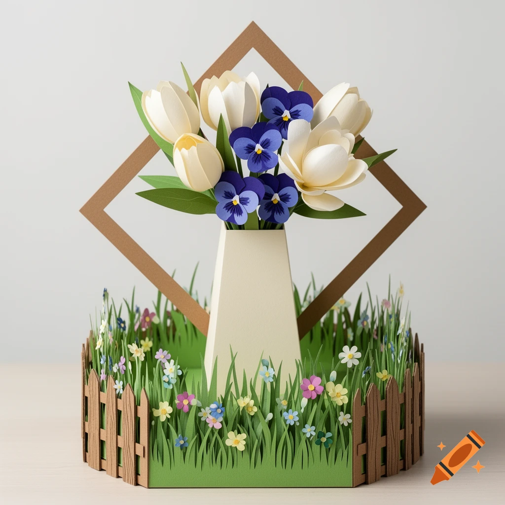 A papercraft centerpiece with white tulips and purple pansies in a vase, surrounded by green grass, small flowers, and a brown fence.