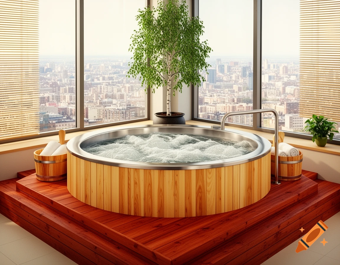 Photorealistic spa room with a wooden hot tub on an elevated platform, offering a panoramic city view through large windows.