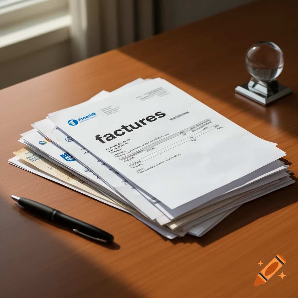 A stack of white papers labeled "factures" with a pen on a wooden desk, illuminated by natural light from a window.