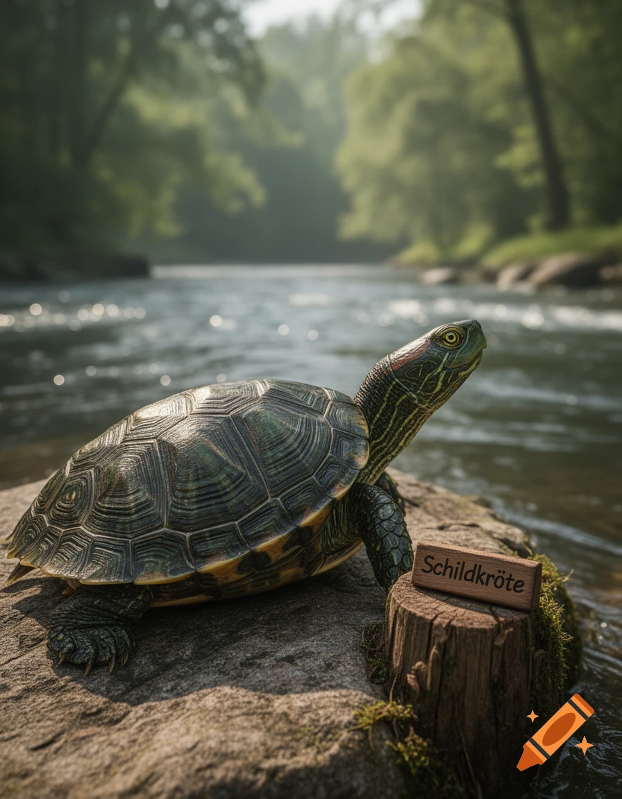 Photorealistic image of a turtle on a rock by a river, with a wooden sign saying 'Schildkröte' next to it.