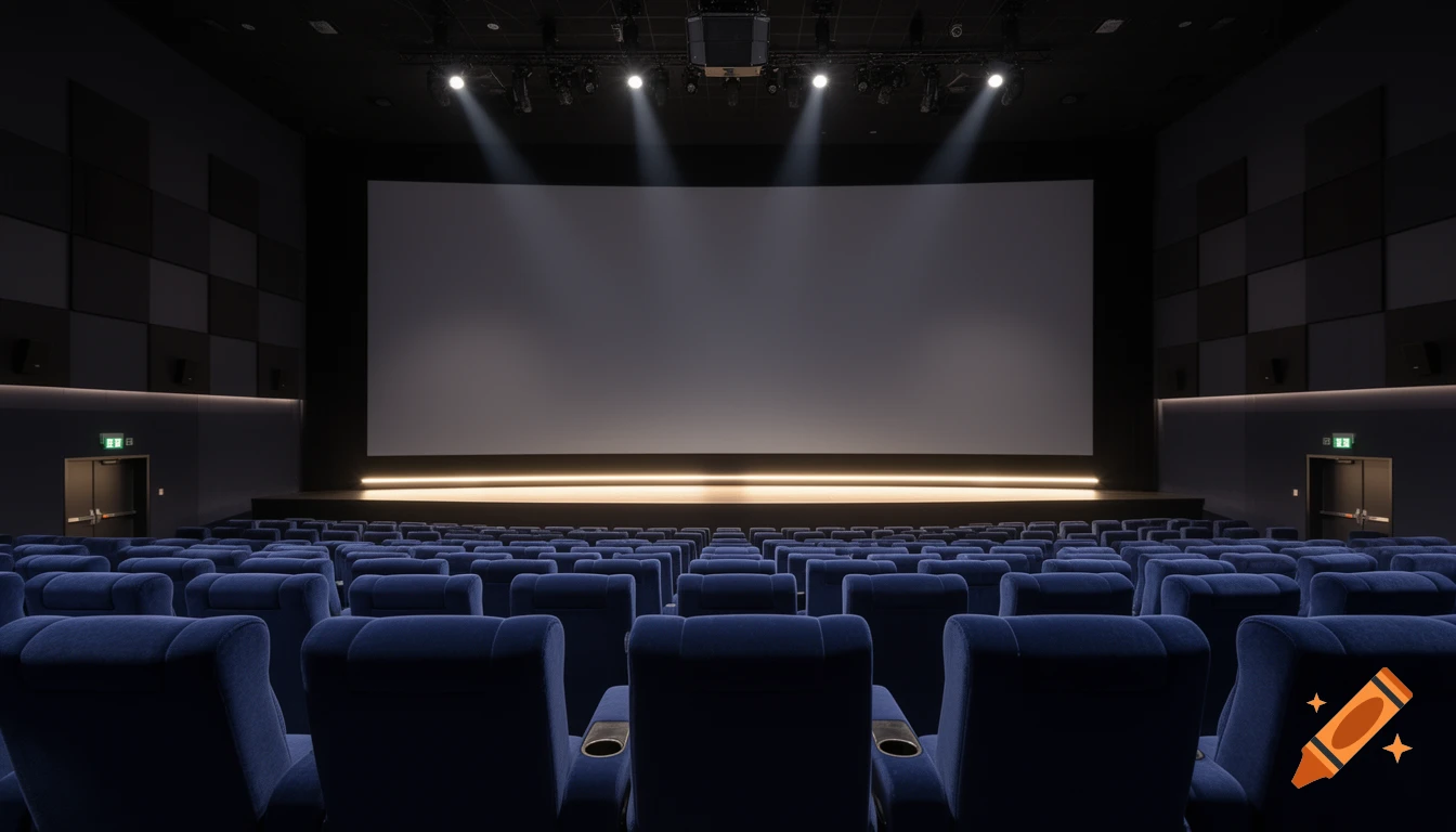 A modern, empty cinema auditorium with rows of blue velvet seats facing a large, unlit screen and stage lighting.
